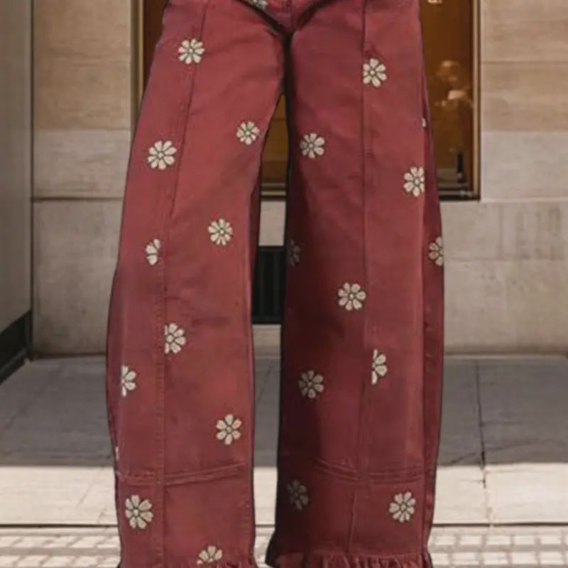 Daisy Print Ruffle Hem Wide Leg Pants