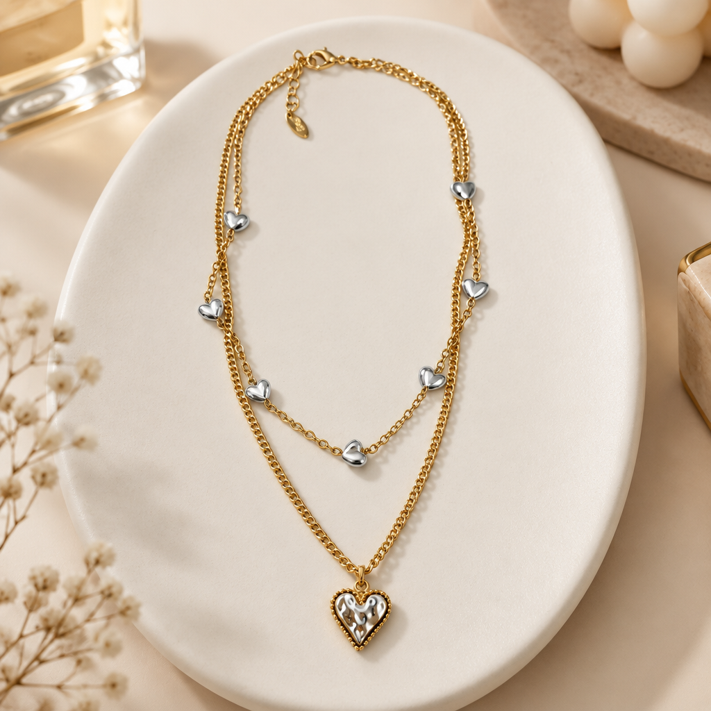 2 layer 2 tone Heart Necklace