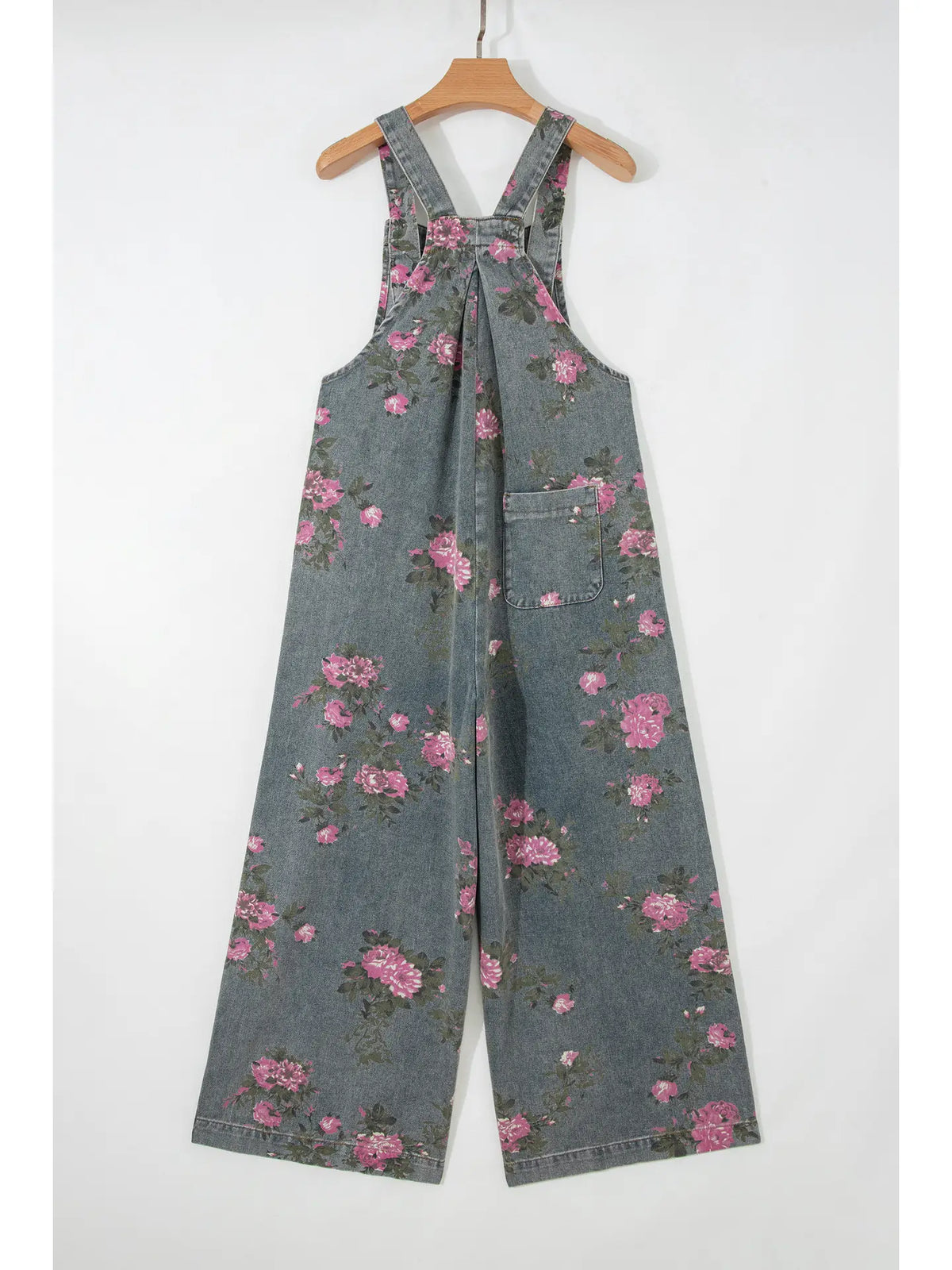 Floral Pleated Wide Leg Denim Jumpsuit