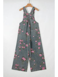 Floral Pleated Wide Leg Denim Jumpsuit