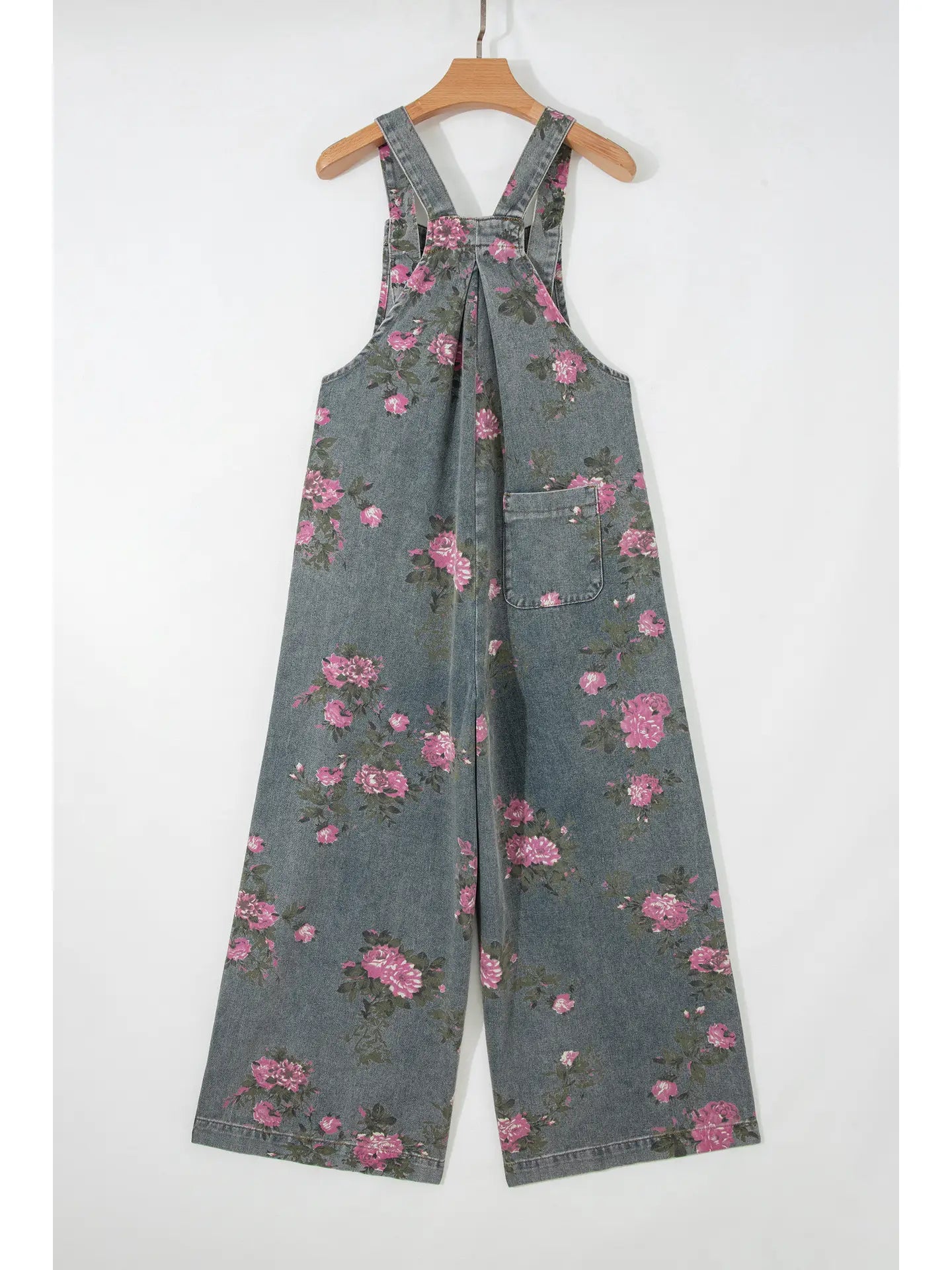 Floral Pleated Wide Leg Denim Jumpsuit