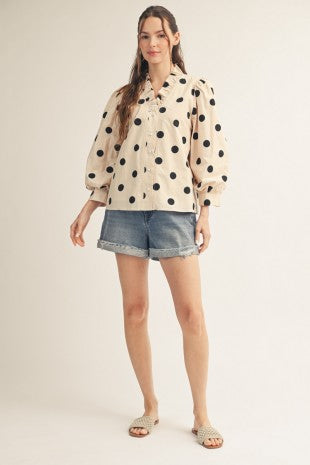 Ruffled Neckline Button Down Polka Dot Top
