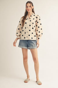 Ruffled Neckline Button Down Polka Dot Top