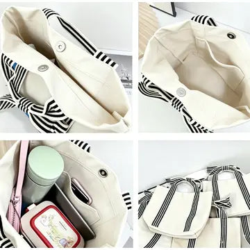 Striped Canvas Tote Bag Bow Handle Bag