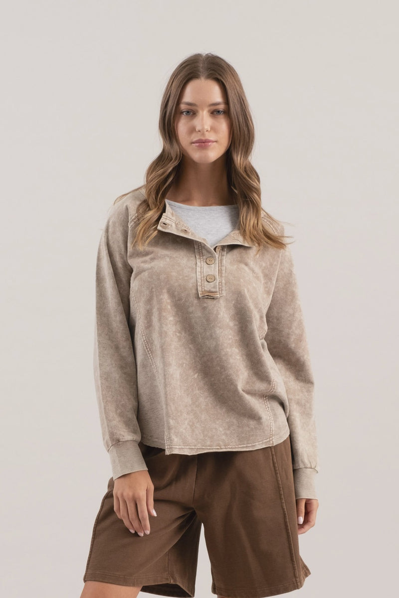 Washed Henley Raglan Long Sleeve Knit Top