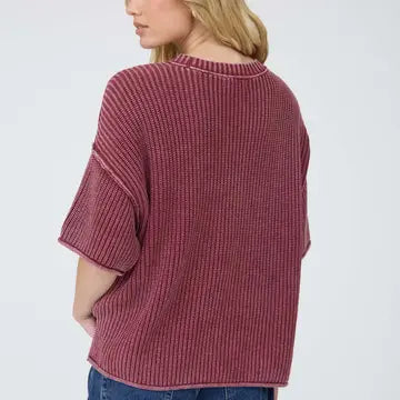 Washed Crew Neck Raw Edge Short Sleeve Sweater