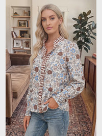 Plaid Frilled Trim Floral Mock Neck Blouse