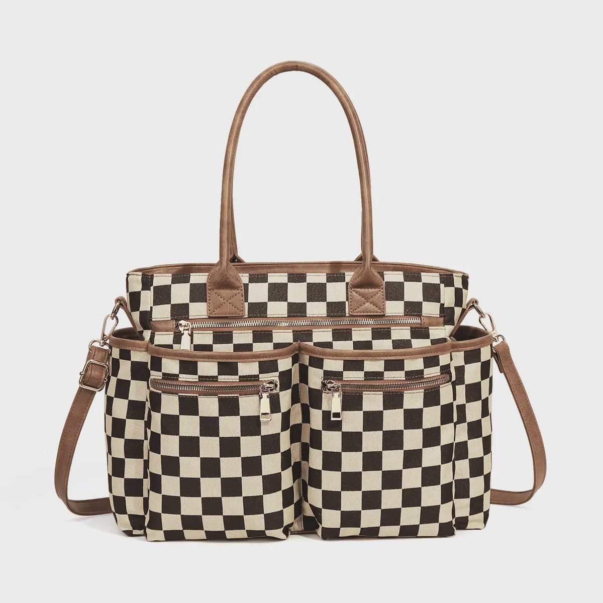 Multi-Pocket Checkered Tote Crossbody Bag