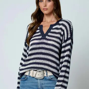 Stripe Raw Edge Split Neck Sheer Knit Sweater
