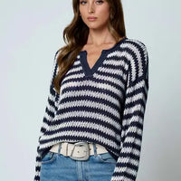 Stripe Raw Edge Split Neck Sheer Knit Sweater