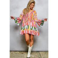V Neck Ruffle Hem Bead Printed Woven Dress