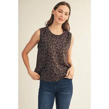 Smocking Edge Leopard Faux Suede Tank Top