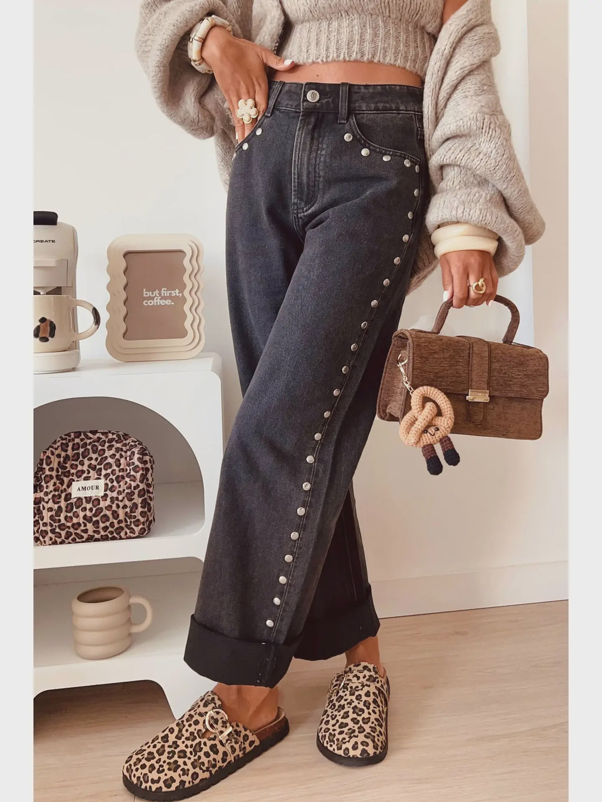 High Waisted Studded Wide Leg Jeans