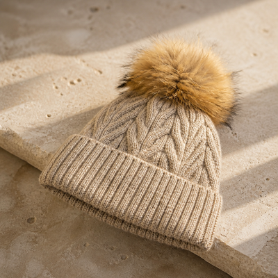 Real Fur Cable knit Pom Hat