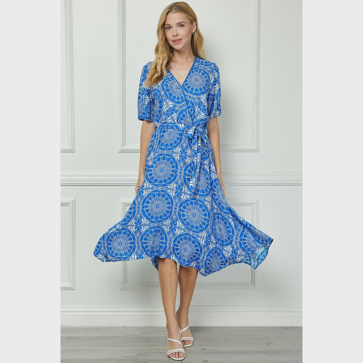 V Neck Wrap Bodice Midi Dress