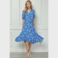 V Neck Wrap Bodice Midi Dress