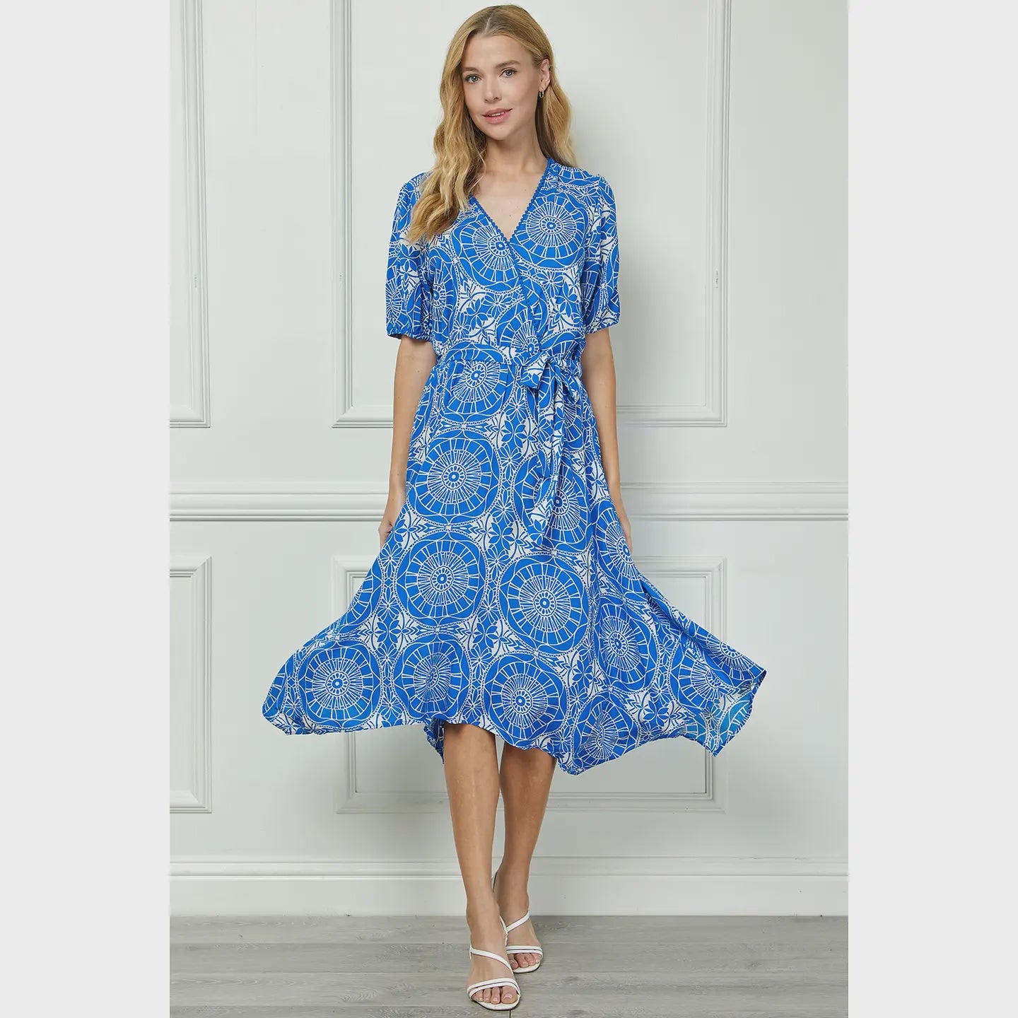 V Neck Wrap Bodice Midi Dress