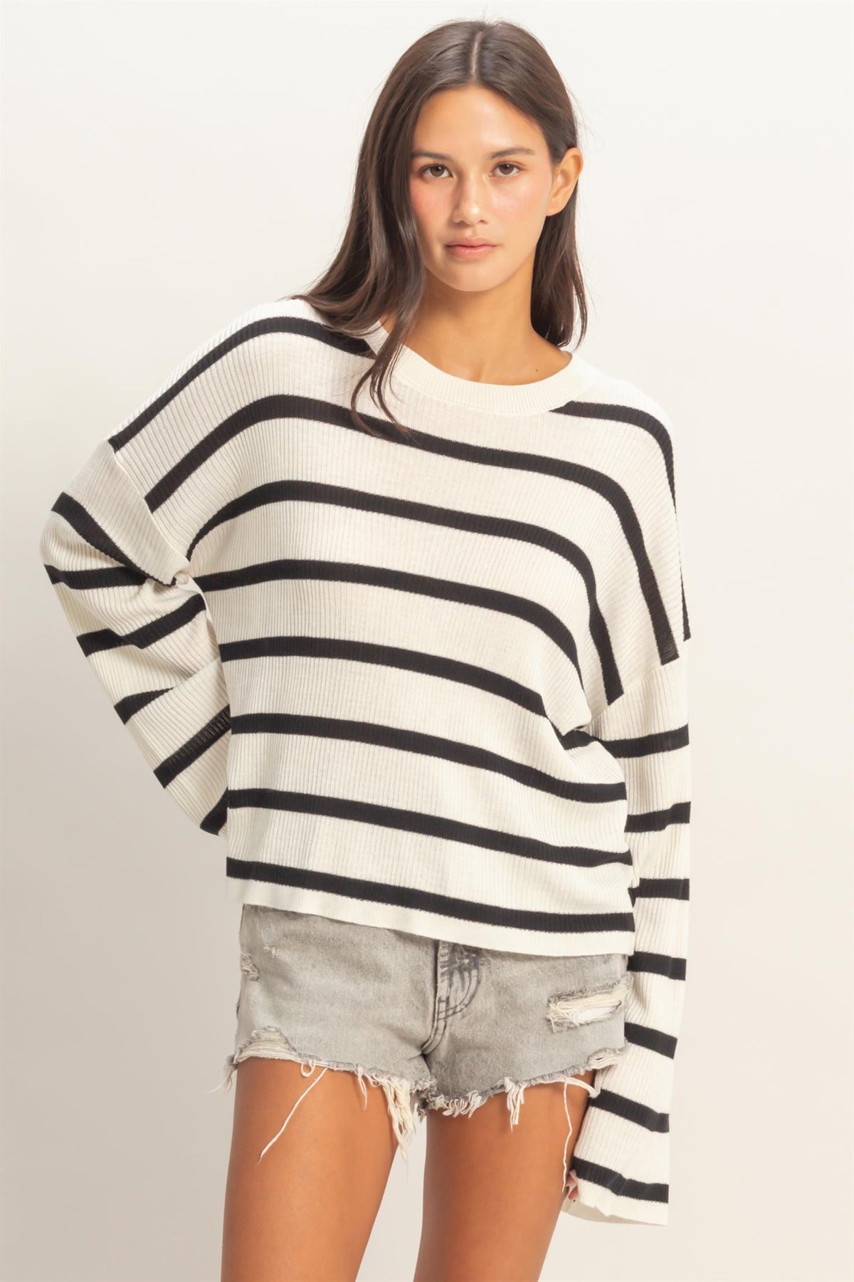 Lightweight Wide-Sleeve Striped Sweater