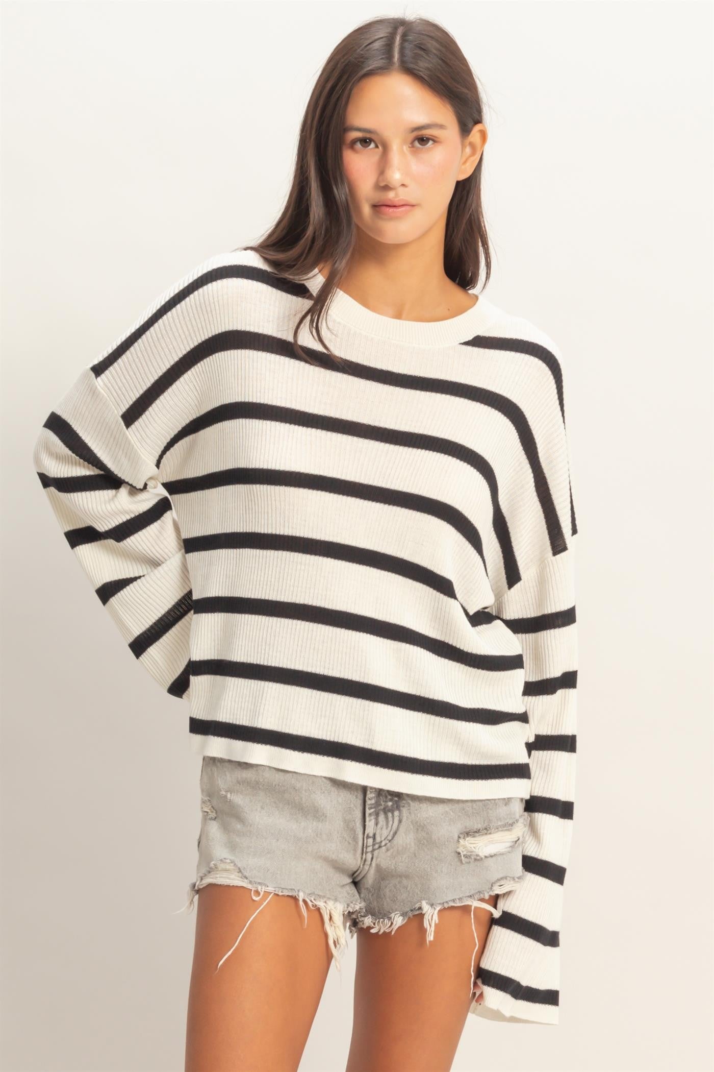 Lightweight Wide-Sleeve Striped Sweater