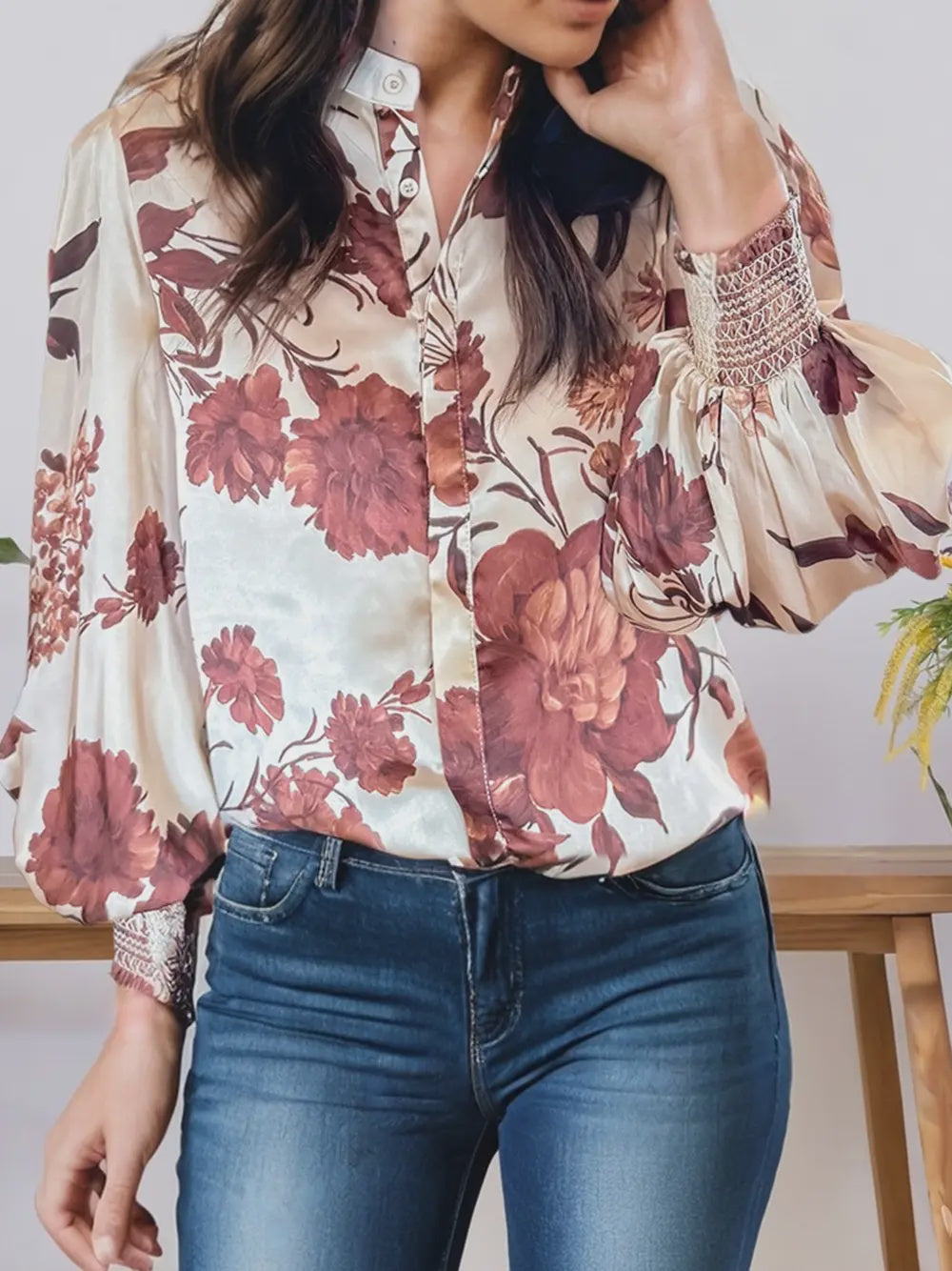 Floral Print Button Down Poet Sleeve Shirt