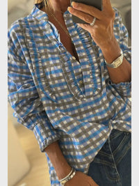 Plaid Frilled Detail Half Button Blouse