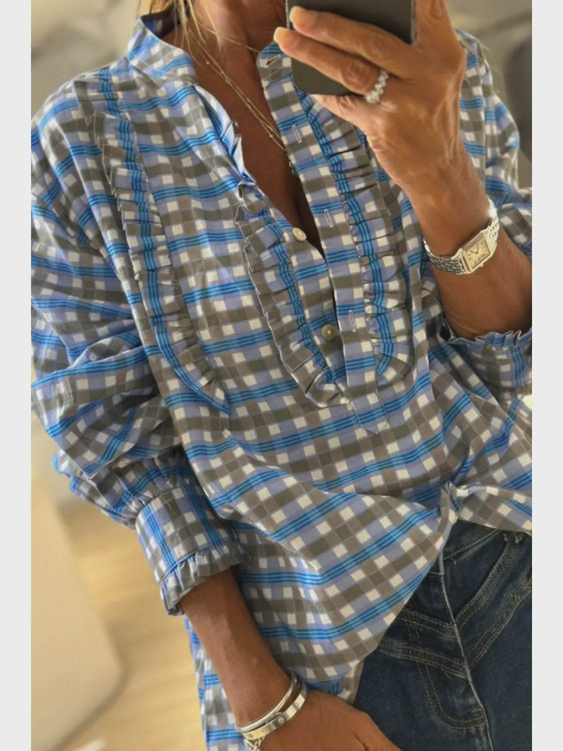 Plaid Frilled Detail Half Button Blouse