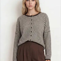 Striped Raw Edge Drop Shoulder Knit Cardigan