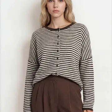 Striped Raw Edge Drop Shoulder Knit Cardigan