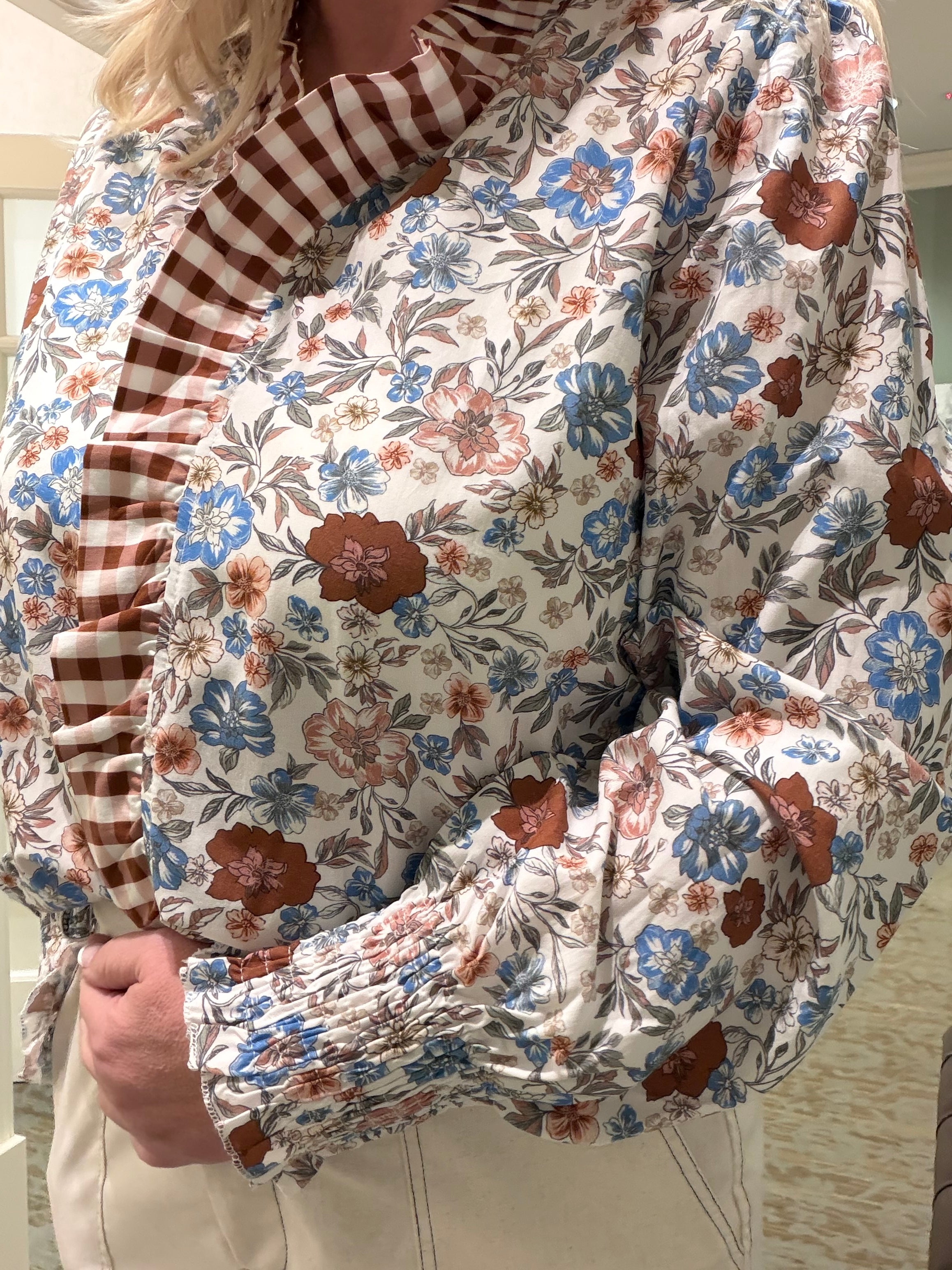 Plaid Frilled Trim Floral Mock Neck Blouse