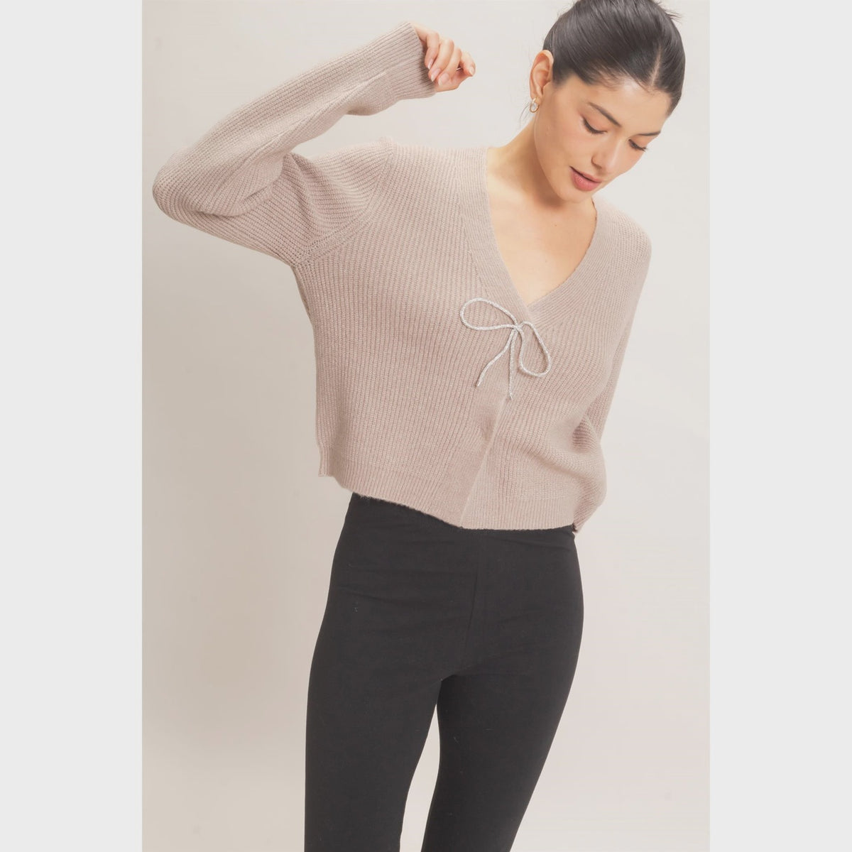 Rhinestone Bow Tie-Front Sweater