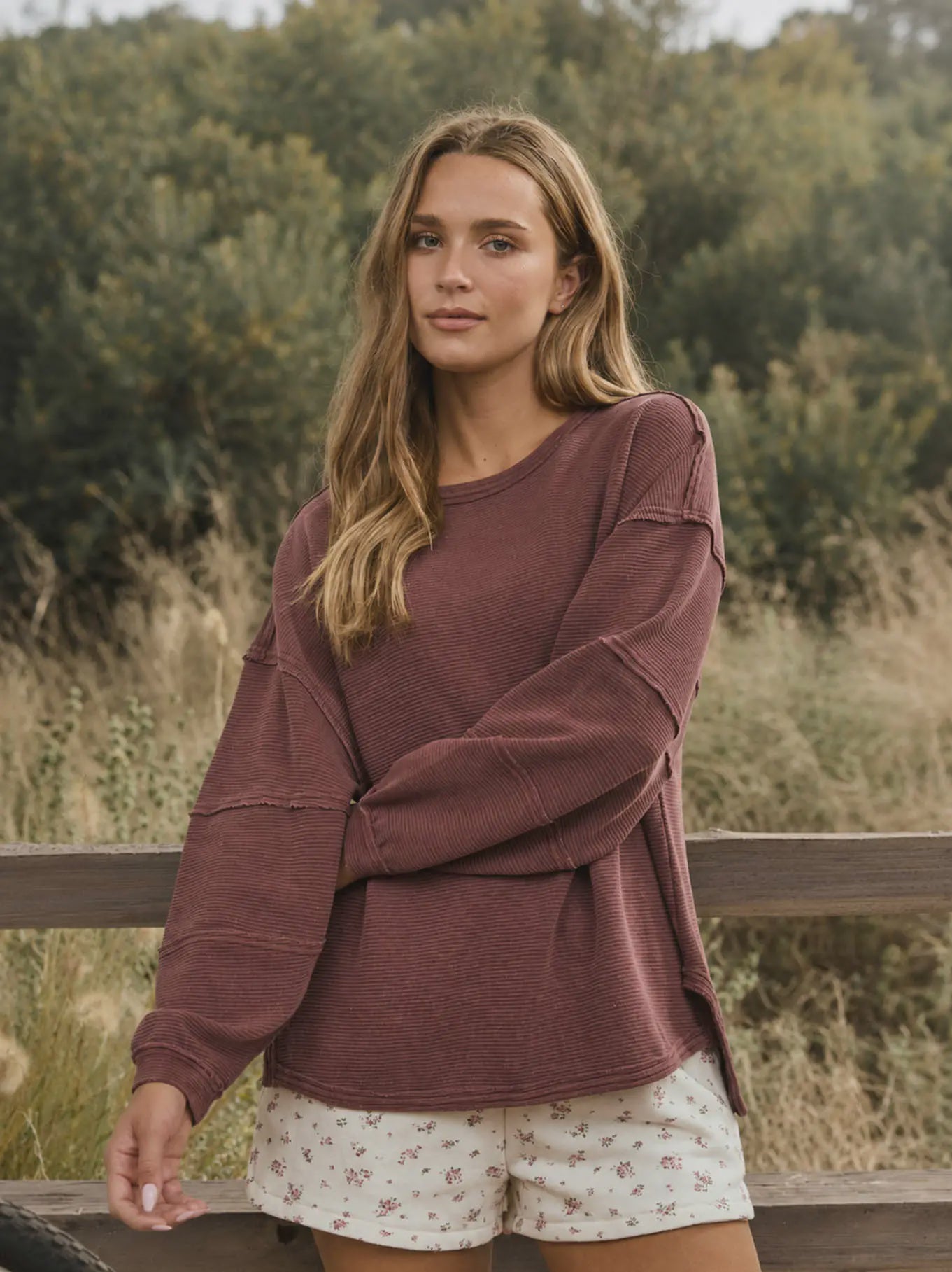 Exposed Seam Detail Long Sleeve Knit Top