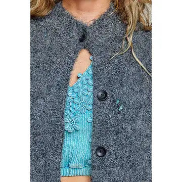 Fuzzy Knit Pointelle Ribbed Trim Cardigan
