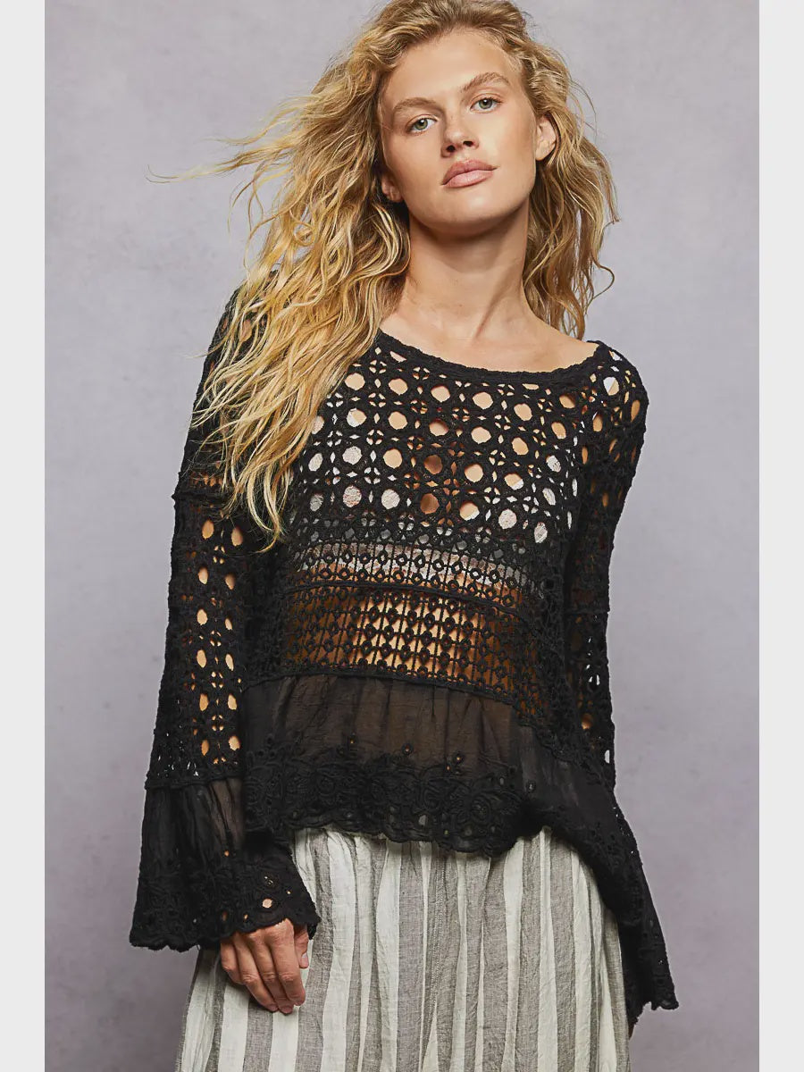 Long Sleeve Round Neck Women Crochet Top