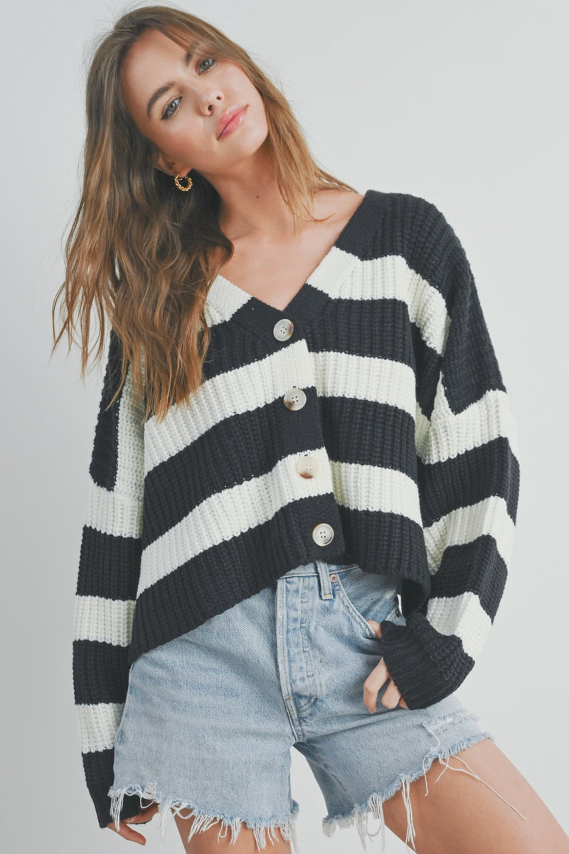 Striped V-Neck Cardigan with Buttons