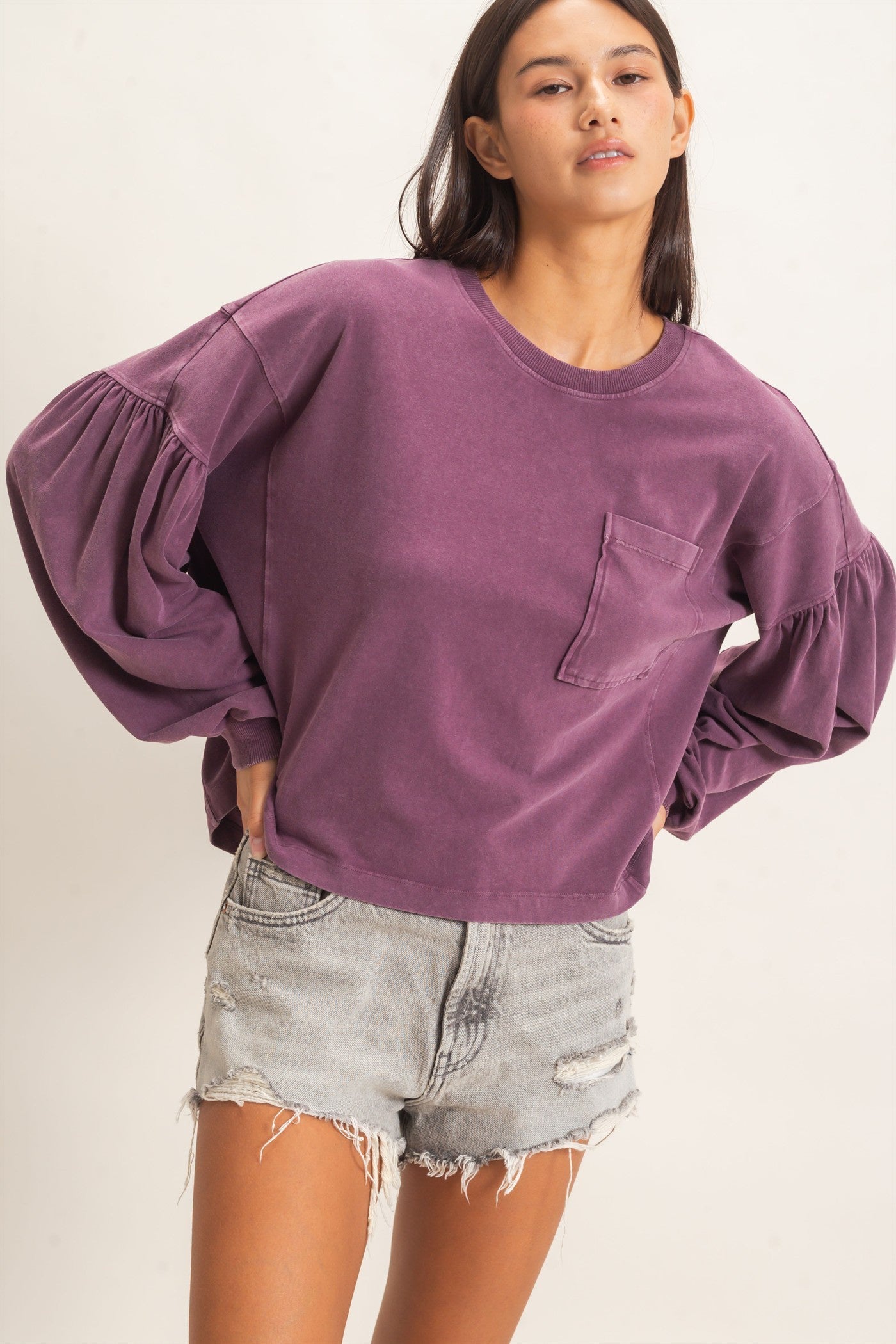 Mineral Wash Puff Long Sleeve Boxy Top