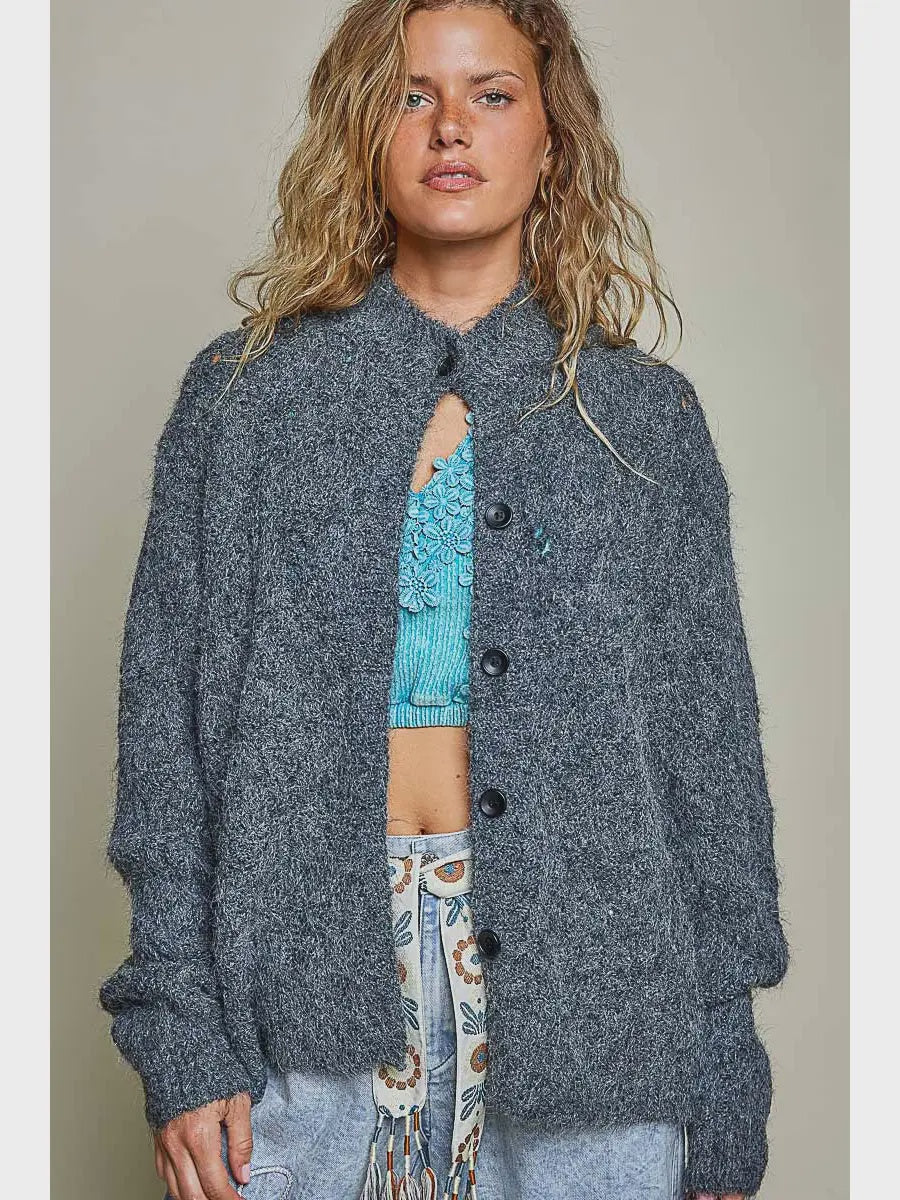Fuzzy Knit Pointelle Ribbed Trim Cardigan