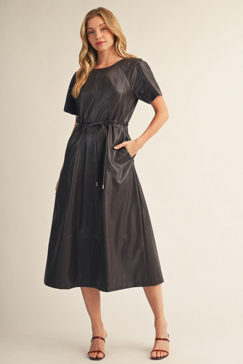 Waist Tie Faux Leather Midi Dress