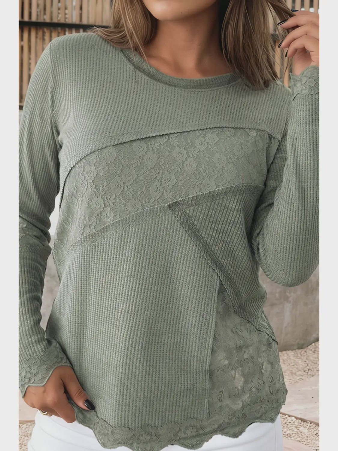 Solid Waffle Ribbed Lace Patchwork Top