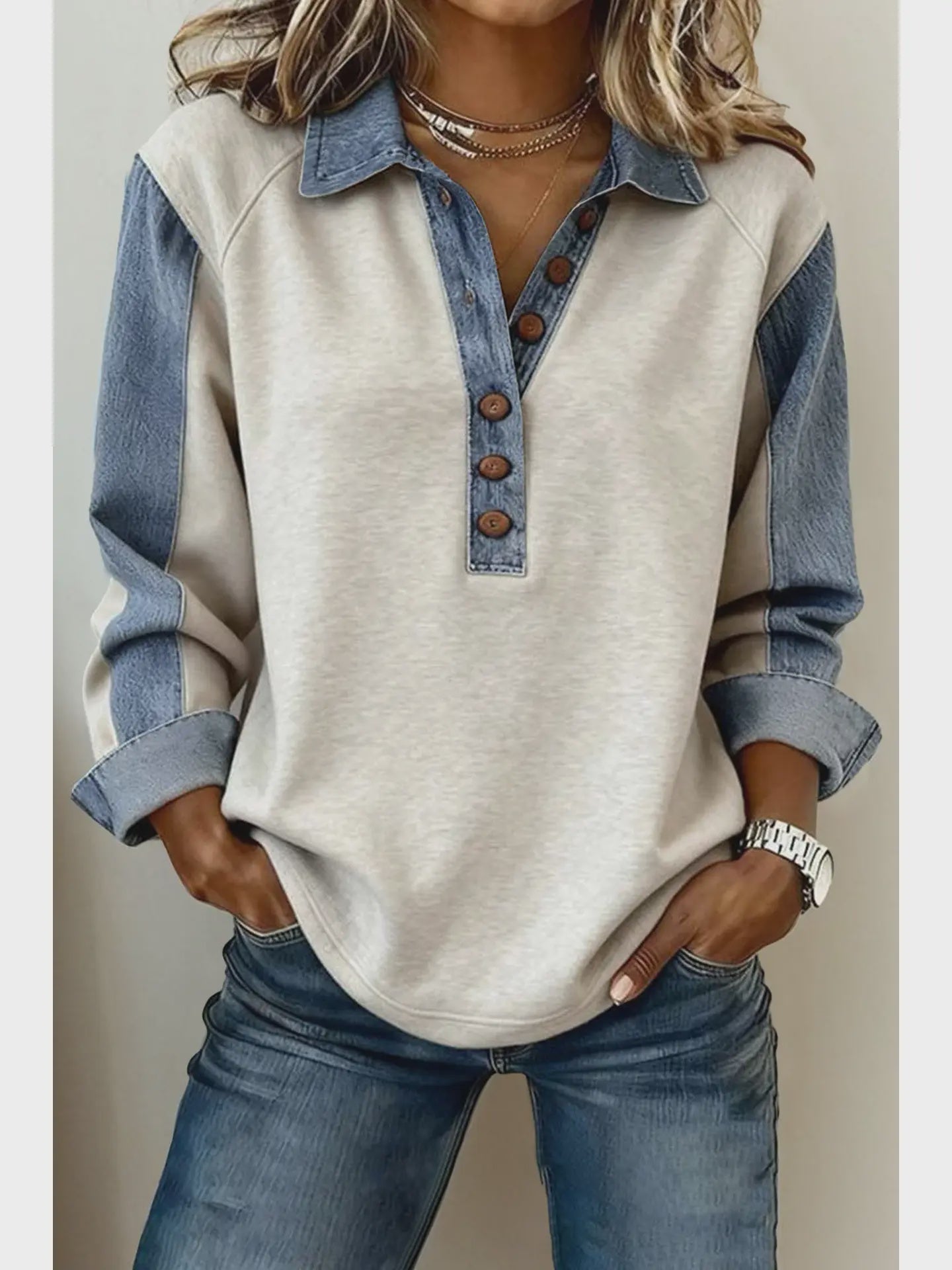 Western Denim-Style Patchwork Collar Top