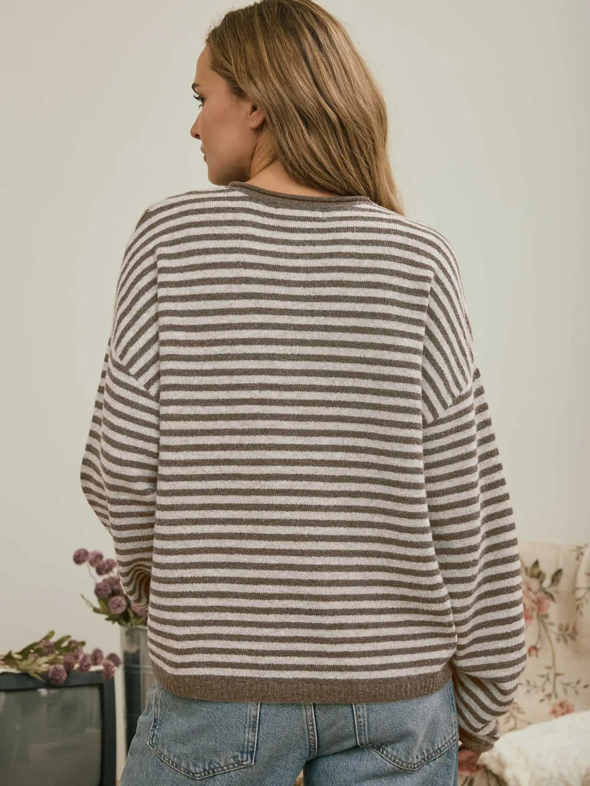 Button Henley Stripe Drop Shoulder Sweater