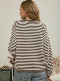 Button Henley Stripe Drop Shoulder Sweater