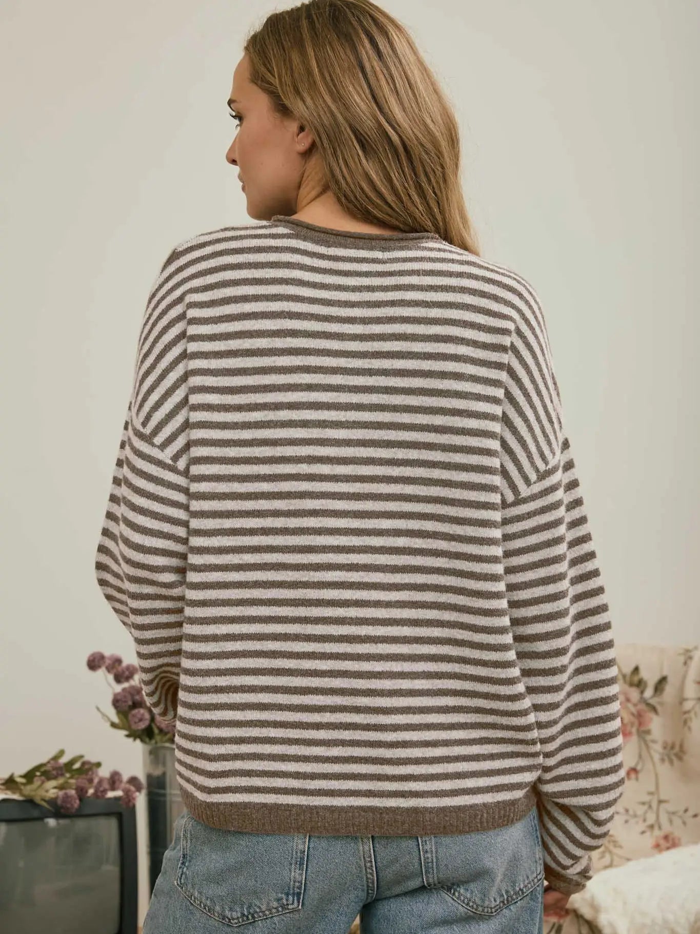 Button Henley Stripe Drop Shoulder Sweater
