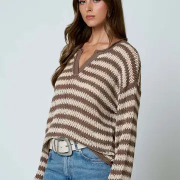 Stripe Raw Edge Split Neck Sheer Knit Sweater