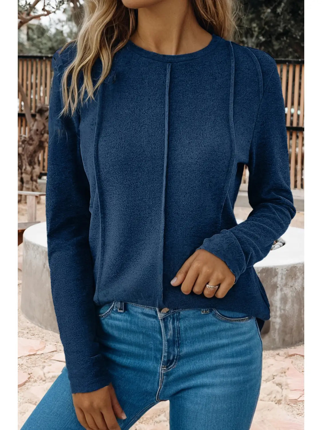 Solid Exposed Seam Crew Neck Long Sleeve