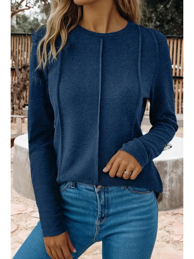 Solid Exposed Seam Crew Neck Long Sleeve
