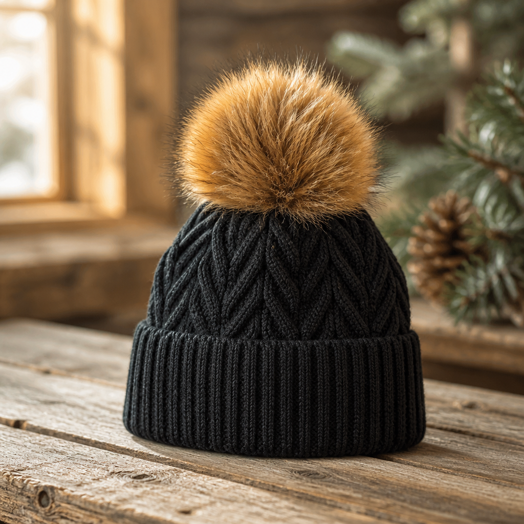 Real Fur Cable knit Pom Hat