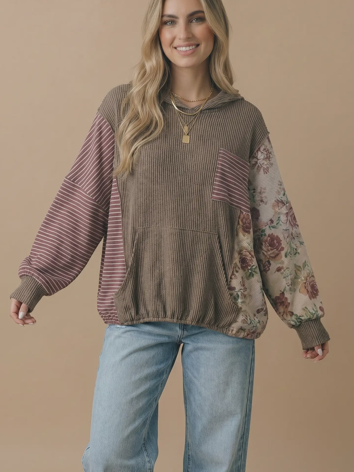 Balloon Sleeves Color Block Patchwork Hoodie