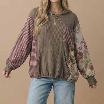 Balloon Sleeves Color Block Patchwork Hoodie