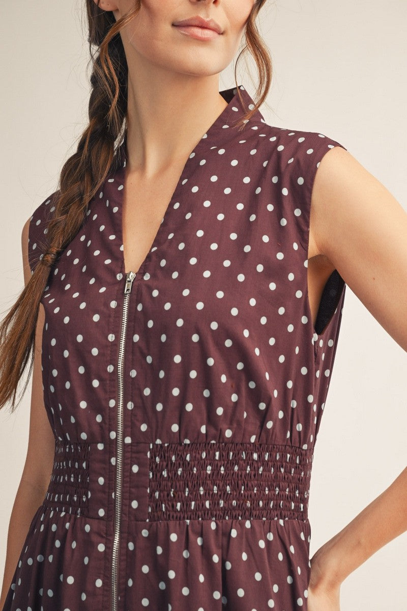 Front Zip Up Polka Dot Midi Dress
