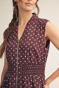 Front Zip Up Polka Dot Midi Dress